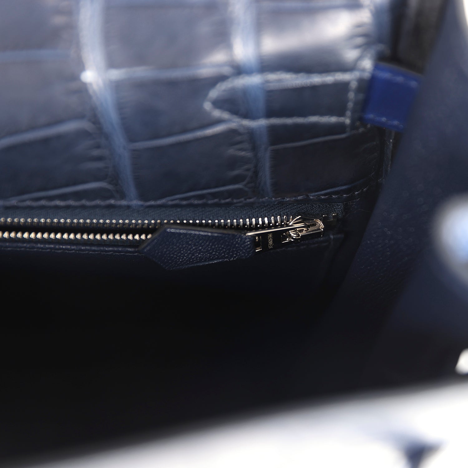 Hermes Kelly Retourne 35 Bleu Indigo Matte Alligator and Bleu Saphir Swift and Clemence Palladium Hardware - Exclusu