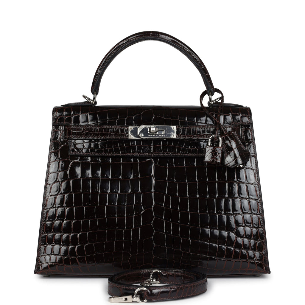 Hermes Kelly Sellier 28 Cocoan Shiny Niloticus Crocodile Palladium Hardware - Exclusu