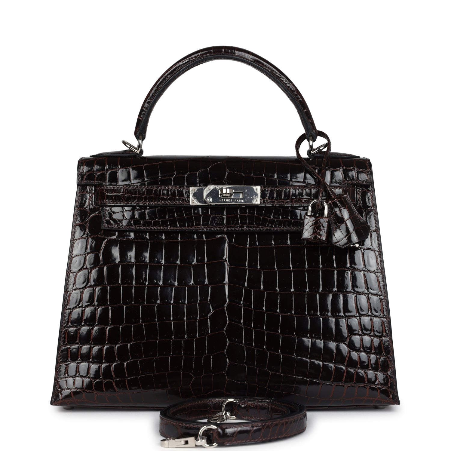 Hermes Kelly Sellier 28 Cocoan Shiny Niloticus Crocodile Palladium Hardware - Exclusu