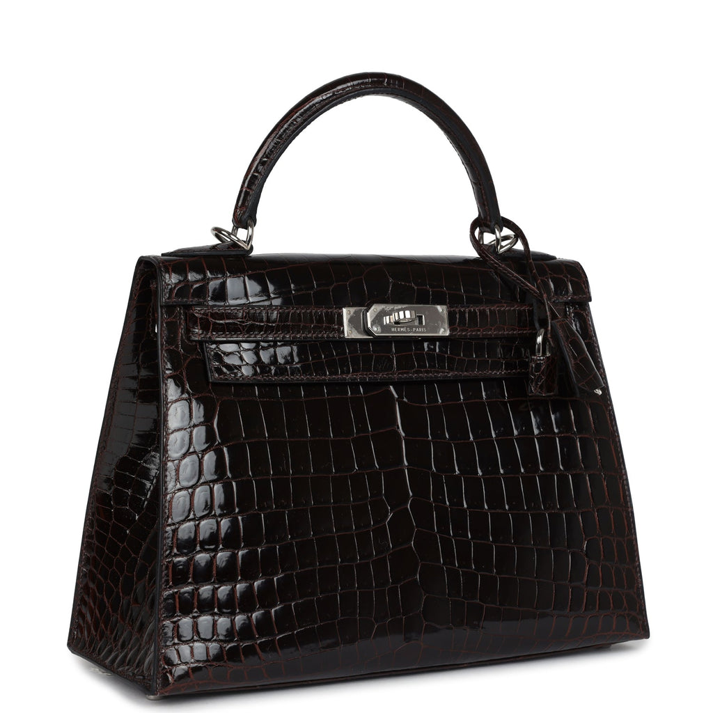 Hermes Kelly Sellier 28 Cocoan Shiny Niloticus Crocodile Palladium Hardware - Exclusu
