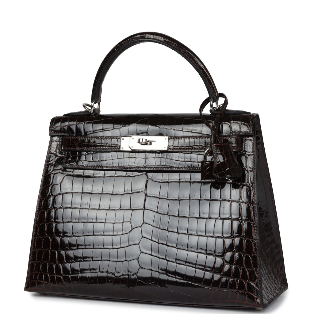 Hermes Kelly Sellier 28 Cocoan Shiny Niloticus Crocodile Palladium Hardware - Exclusu