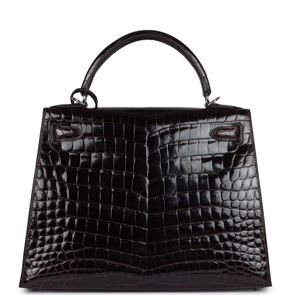 Hermes Kelly Sellier 28 Cocoan Shiny Niloticus Crocodile Palladium Hardware - Exclusu