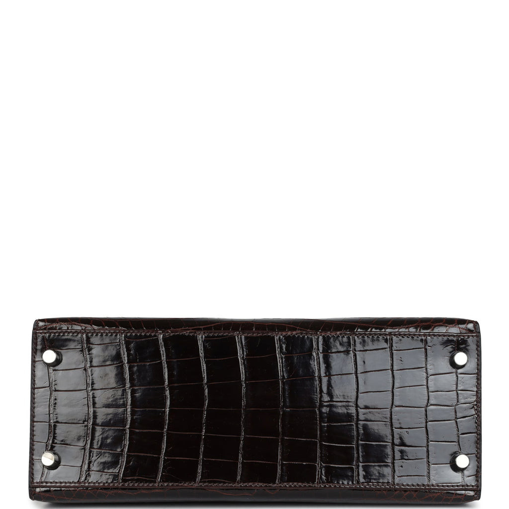 Hermes Kelly Sellier 28 Cocoan Shiny Niloticus Crocodile Palladium Hardware - Exclusu