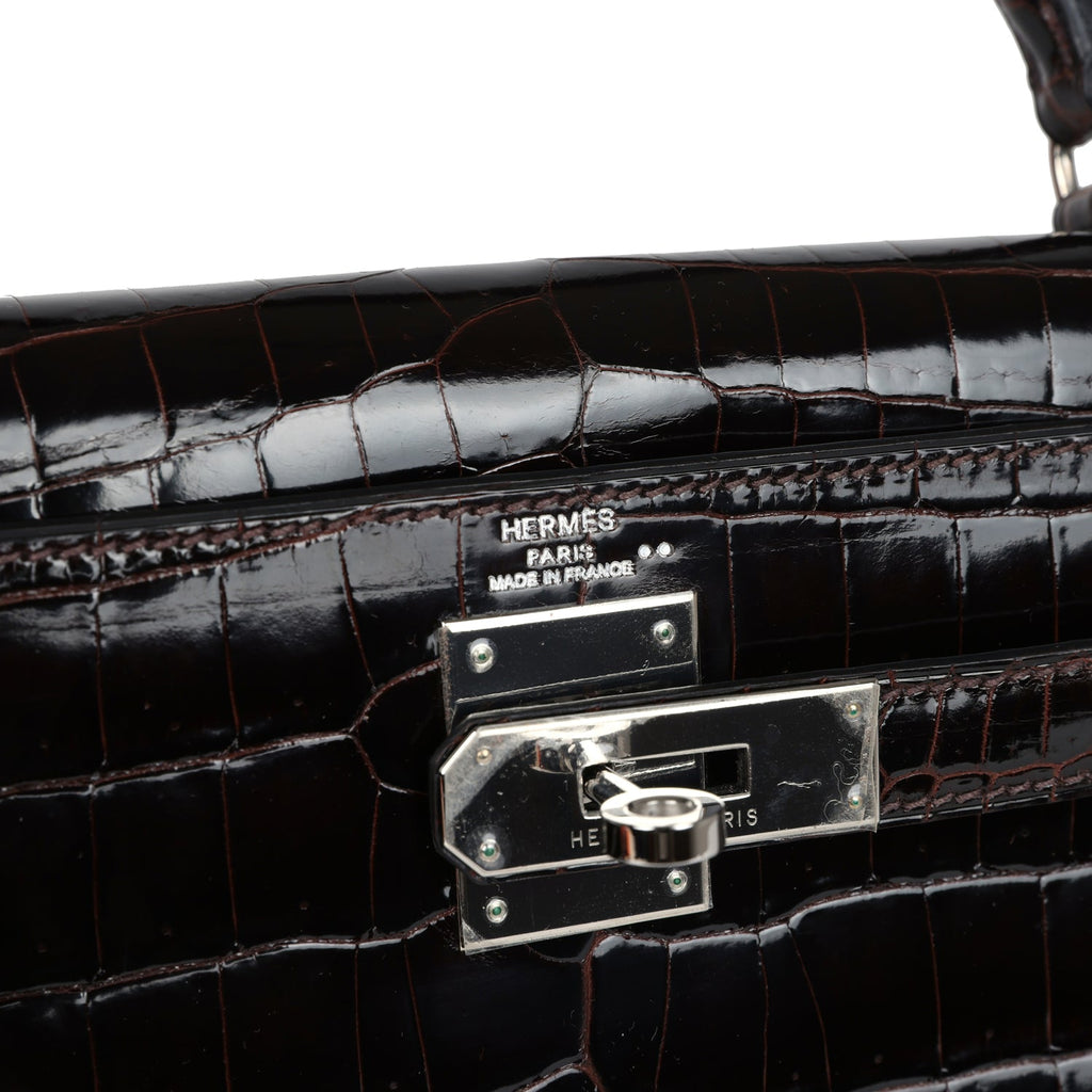 Hermes Kelly Sellier 28 Cocoan Shiny Niloticus Crocodile Palladium Hardware - Exclusu