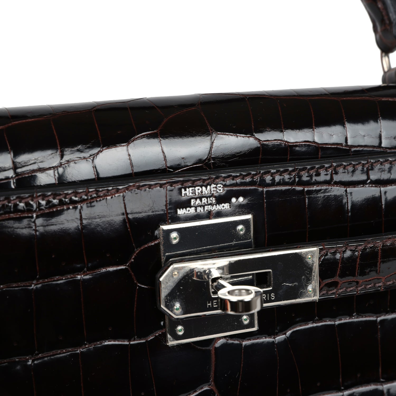 Hermes Kelly Sellier 28 Cocoan Shiny Niloticus Crocodile Palladium Hardware - Exclusu