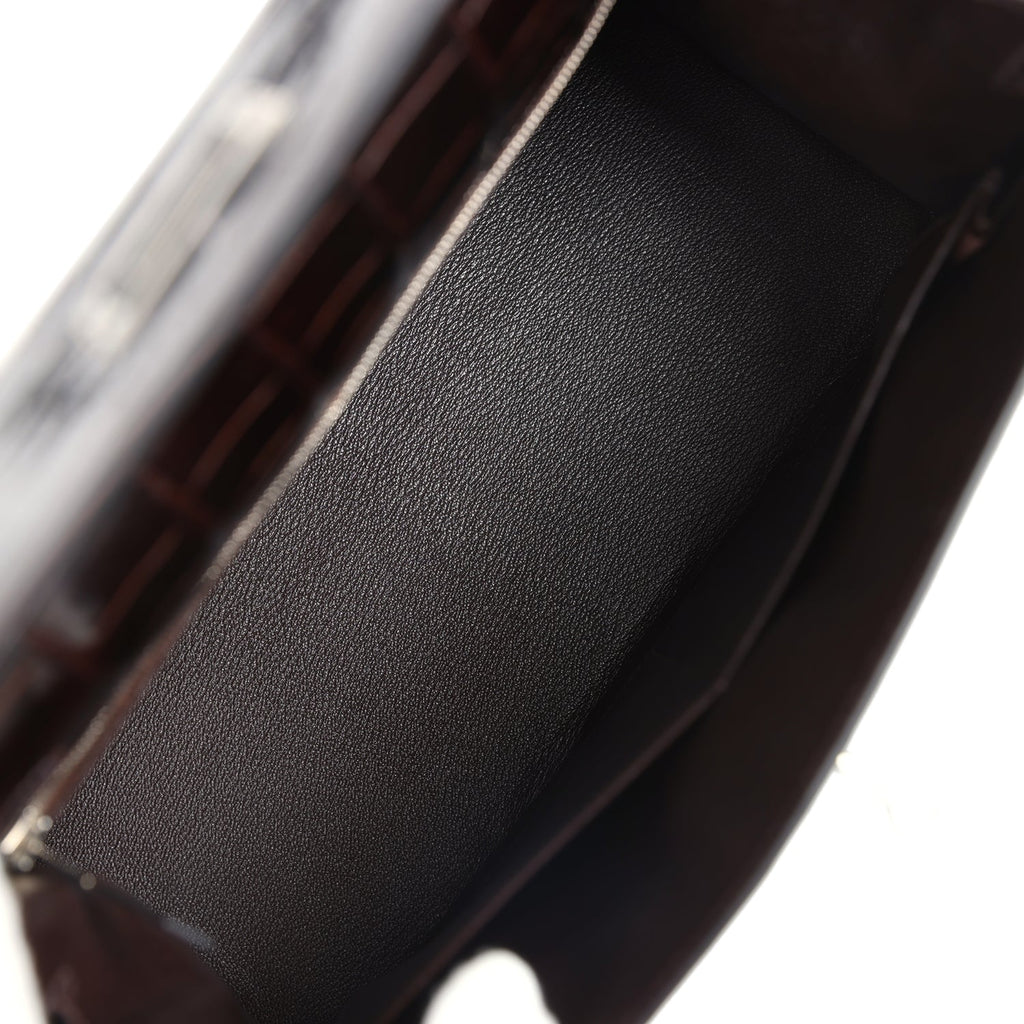 Hermes Kelly Sellier 28 Cocoan Shiny Niloticus Crocodile Palladium Hardware - Exclusu