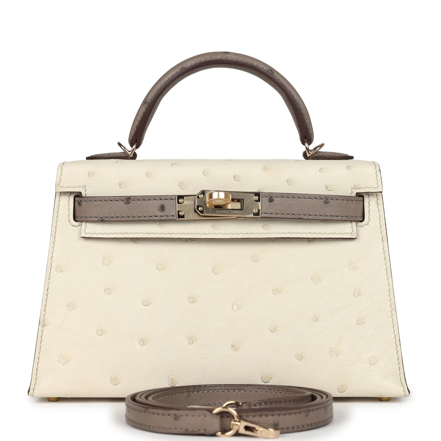 Hermes Special Order (HSS) Kelly Sellier 20 Beton and Gris Tourterelle Ostrich Permabrass Hardware - Exclusu