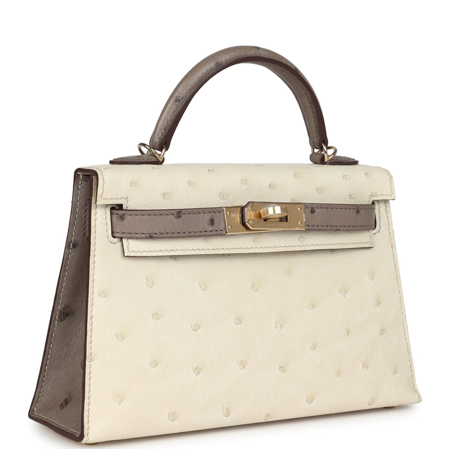 Hermes Special Order (HSS) Kelly Sellier 20 Beton and Gris Tourterelle Ostrich Permabrass Hardware - Exclusu
