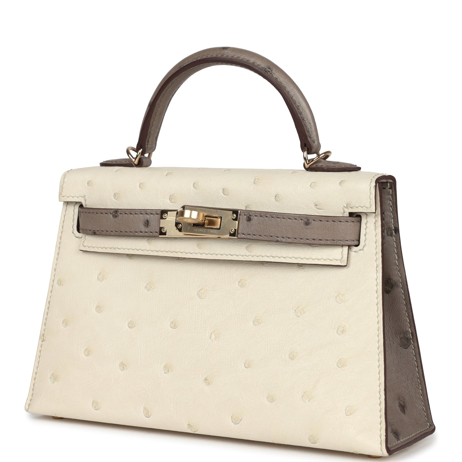 Hermes Special Order (HSS) Kelly Sellier 20 Beton and Gris Tourterelle Ostrich Permabrass Hardware - Exclusu