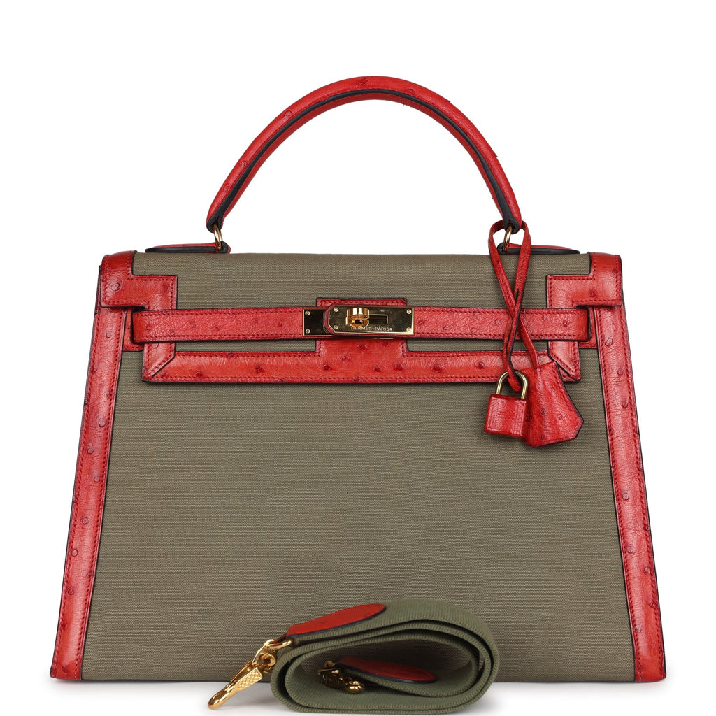 Hermes Kelly Sellier 32 Rouge Vif Ostrich and Vert Olive Officier Canvas Gold Hardware - Exclusu