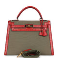Hermes Kelly Sellier 32 Rouge Vif Ostrich and Vert Olive Officier Canvas Gold Hardware - Exclusu