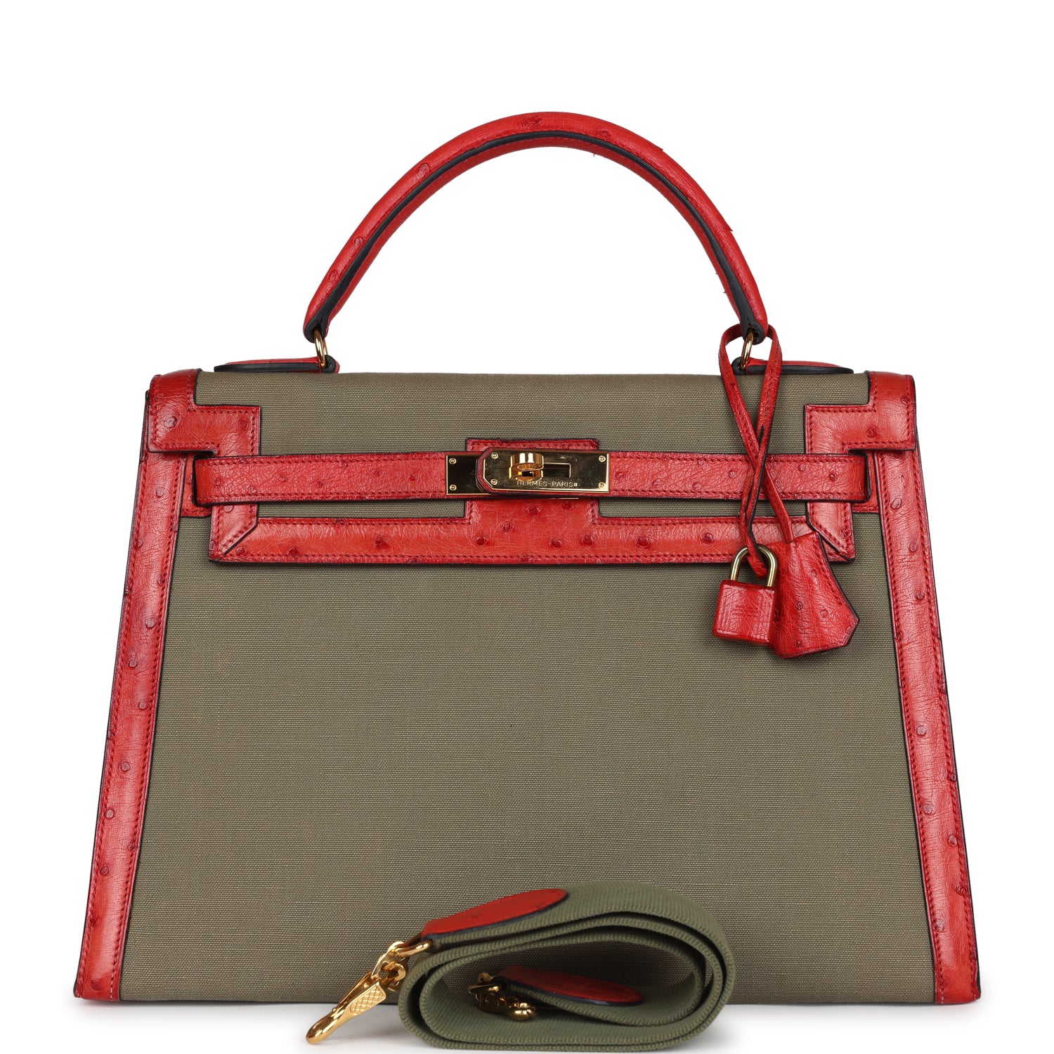 Hermes Kelly Sellier 32 Rouge Vif Ostrich and Vert Olive Officier Canvas Gold Hardware - Exclusu