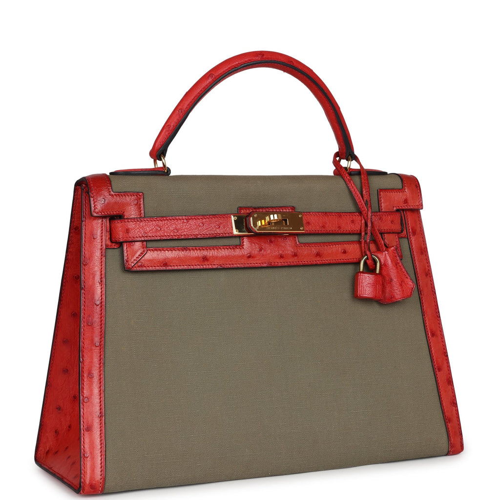 Hermes Kelly Sellier 32 Rouge Vif Ostrich and Vert Olive Officier Canvas Gold Hardware - Exclusu