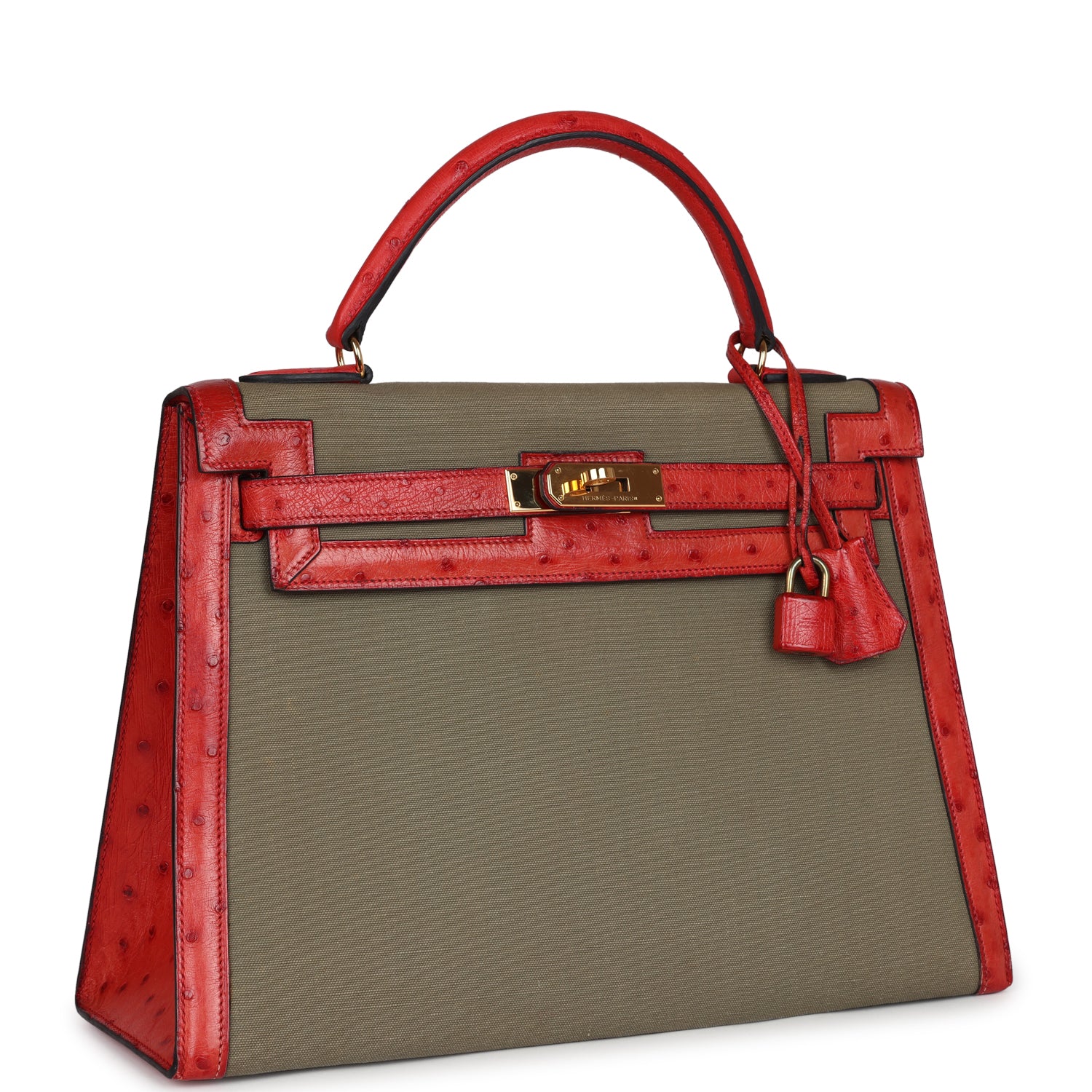Hermes Kelly Sellier 32 Rouge Vif Ostrich and Vert Olive Officier Canvas Gold Hardware - Exclusu