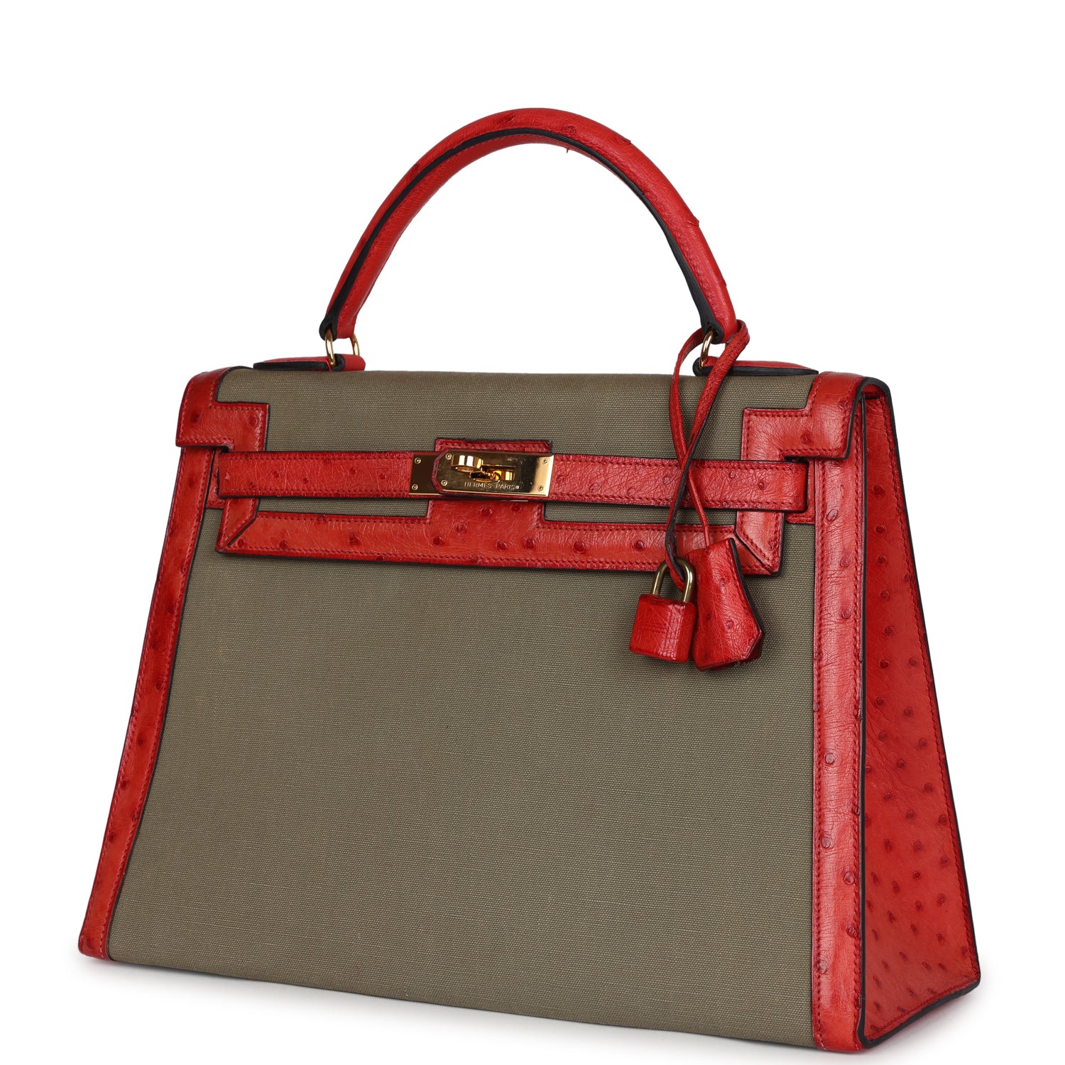 Hermes Kelly Sellier 32 Rouge Vif Ostrich and Vert Olive Officier Canvas Gold Hardware - Exclusu