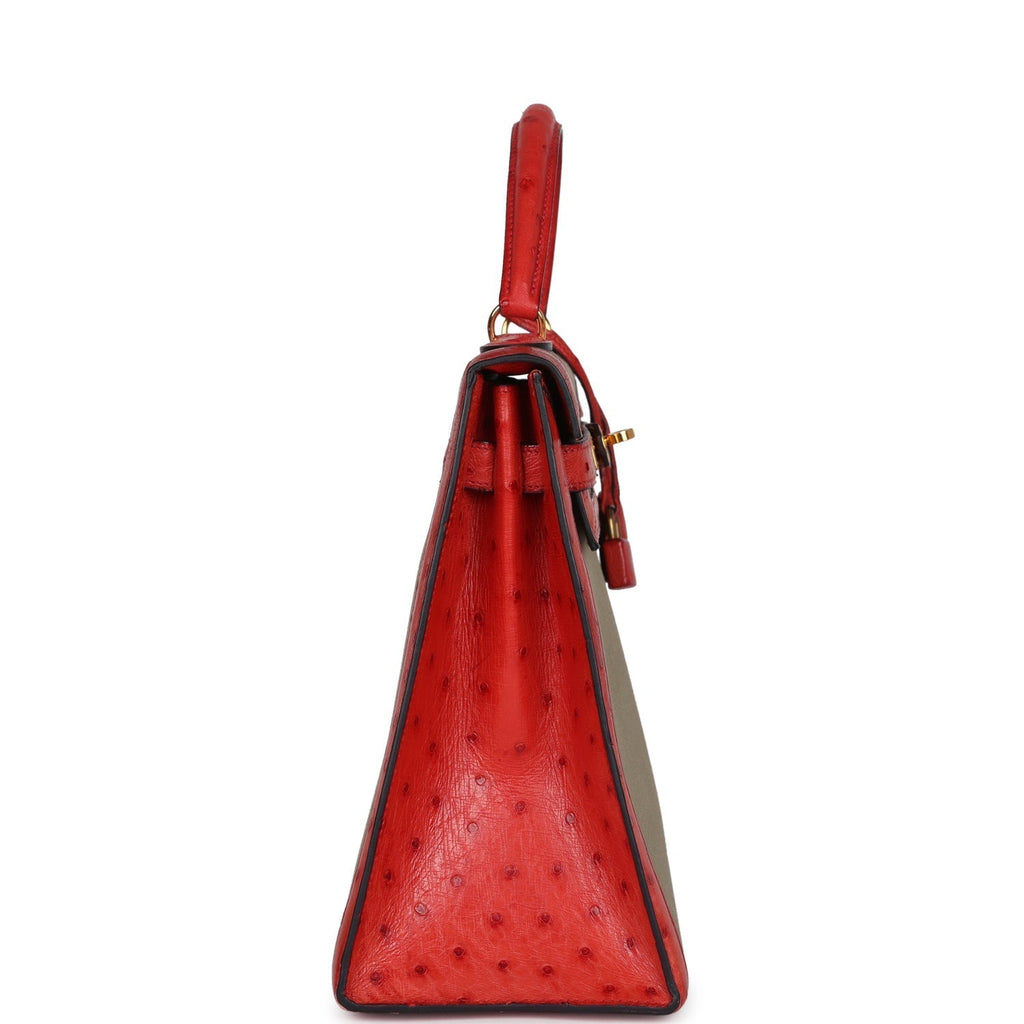 Hermes Kelly Sellier 32 Rouge Vif Ostrich and Vert Olive Officier Canvas Gold Hardware - Exclusu