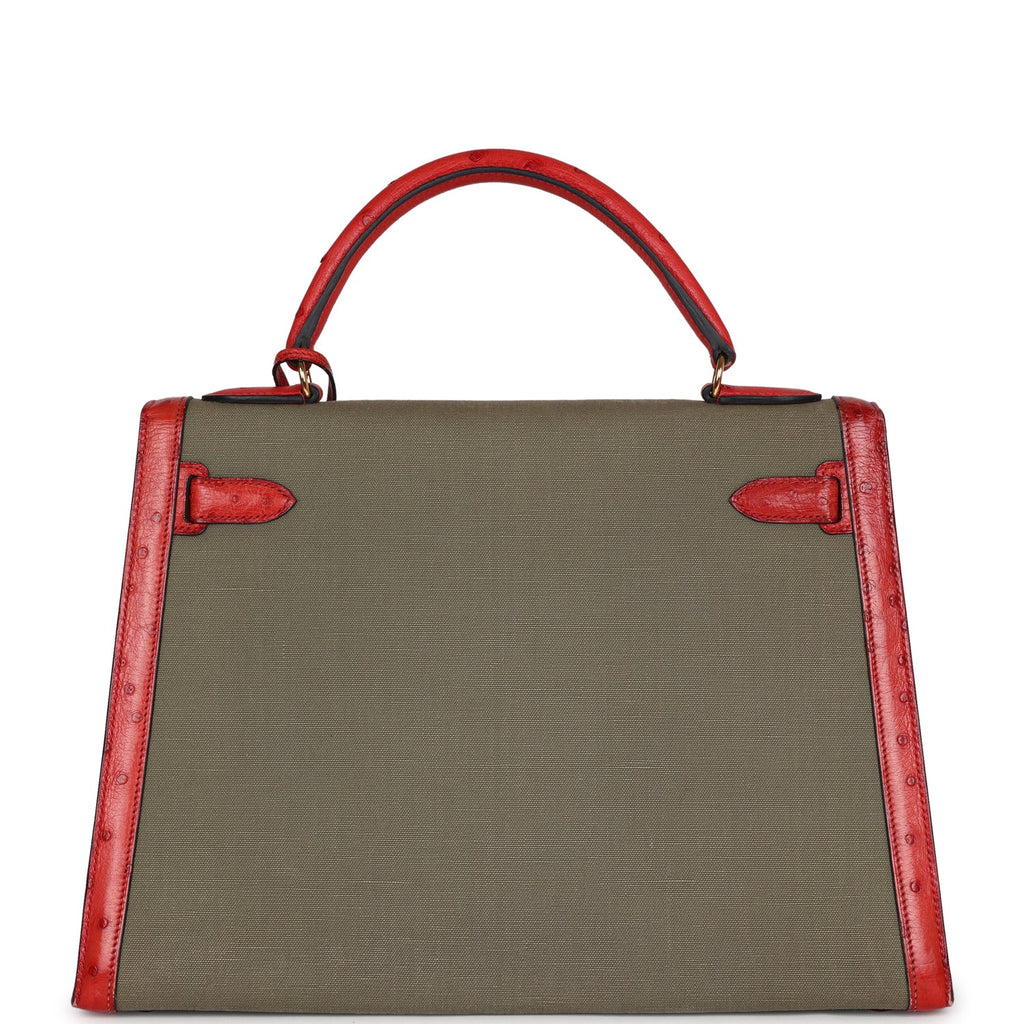 Hermes Kelly Sellier 32 Rouge Vif Ostrich and Vert Olive Officier Canvas Gold Hardware - Exclusu