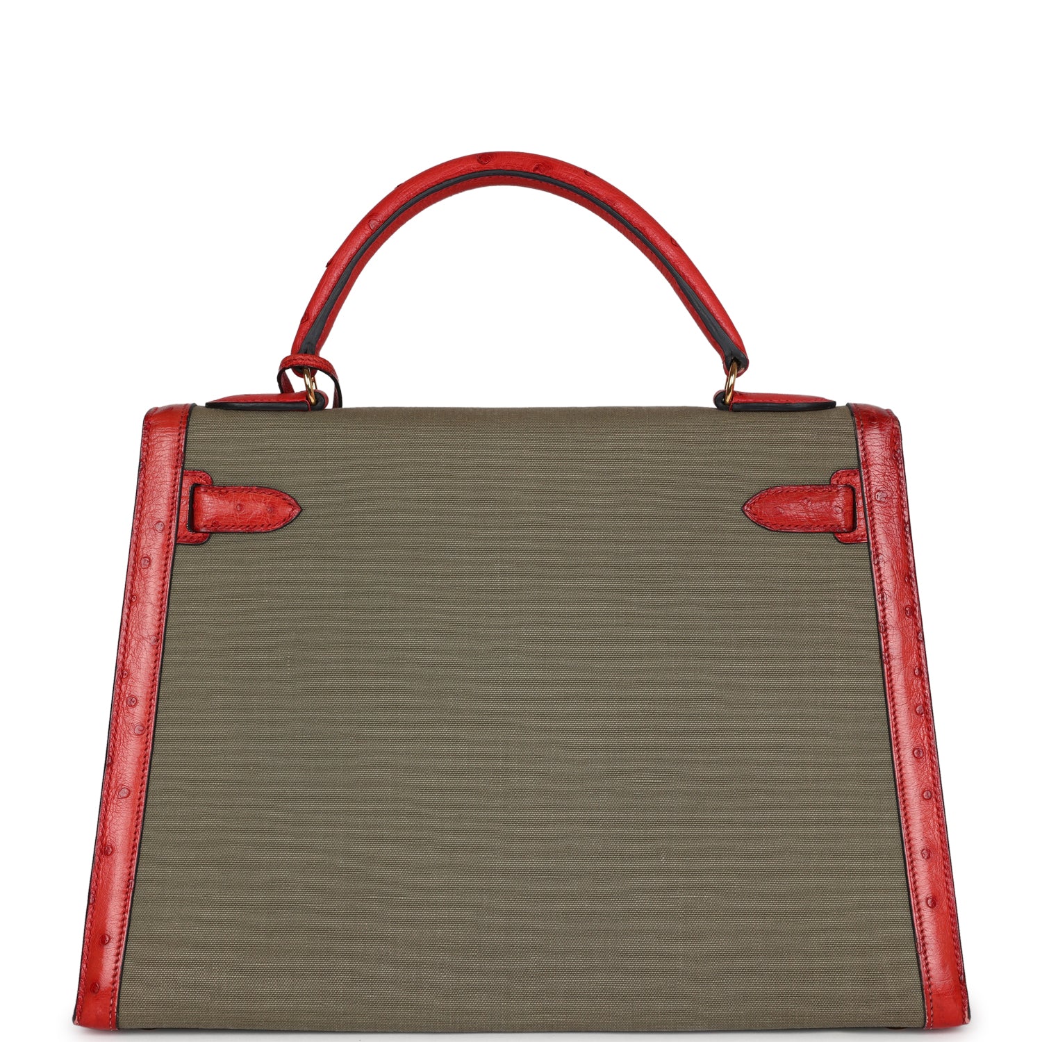 Hermes Kelly Sellier 32 Rouge Vif Ostrich and Vert Olive Officier Canvas Gold Hardware - Exclusu