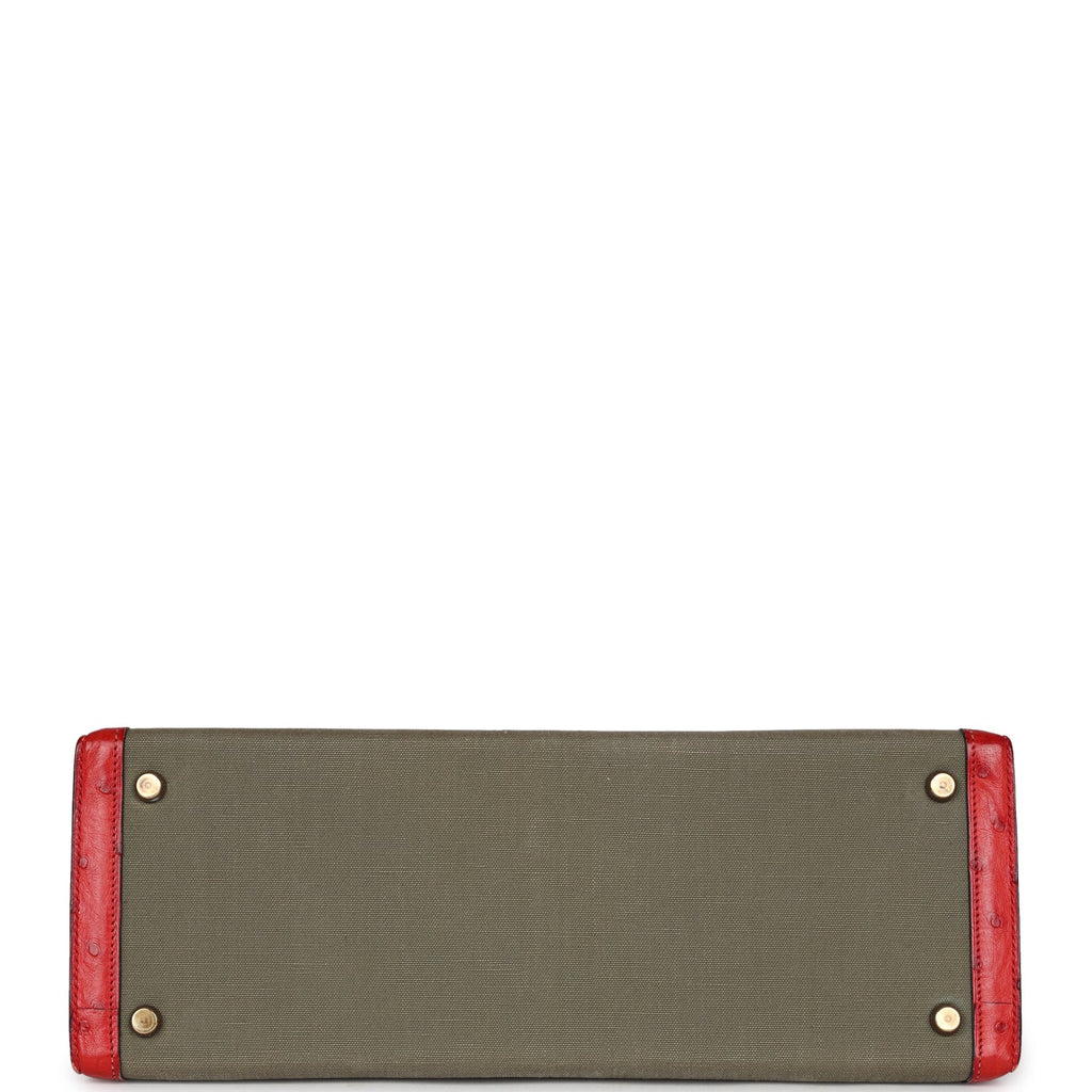 Hermes Kelly Sellier 32 Rouge Vif Ostrich and Vert Olive Officier Canvas Gold Hardware - Exclusu