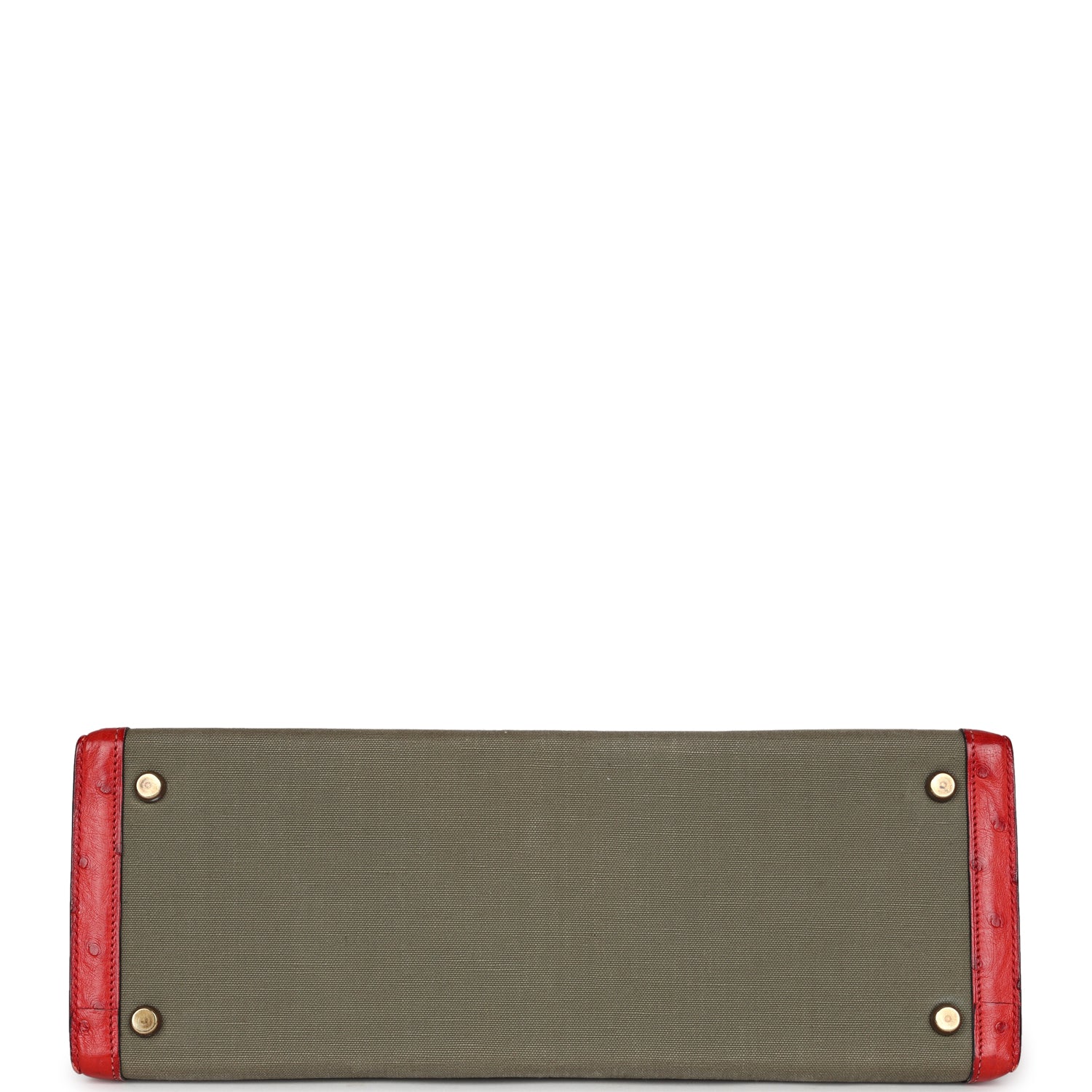 Hermes Kelly Sellier 32 Rouge Vif Ostrich and Vert Olive Officier Canvas Gold Hardware - Exclusu