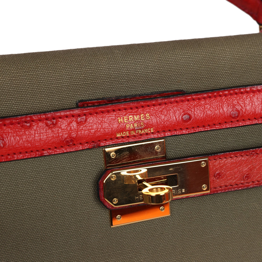 Hermes Kelly Sellier 32 Rouge Vif Ostrich and Vert Olive Officier Canvas Gold Hardware - Exclusu