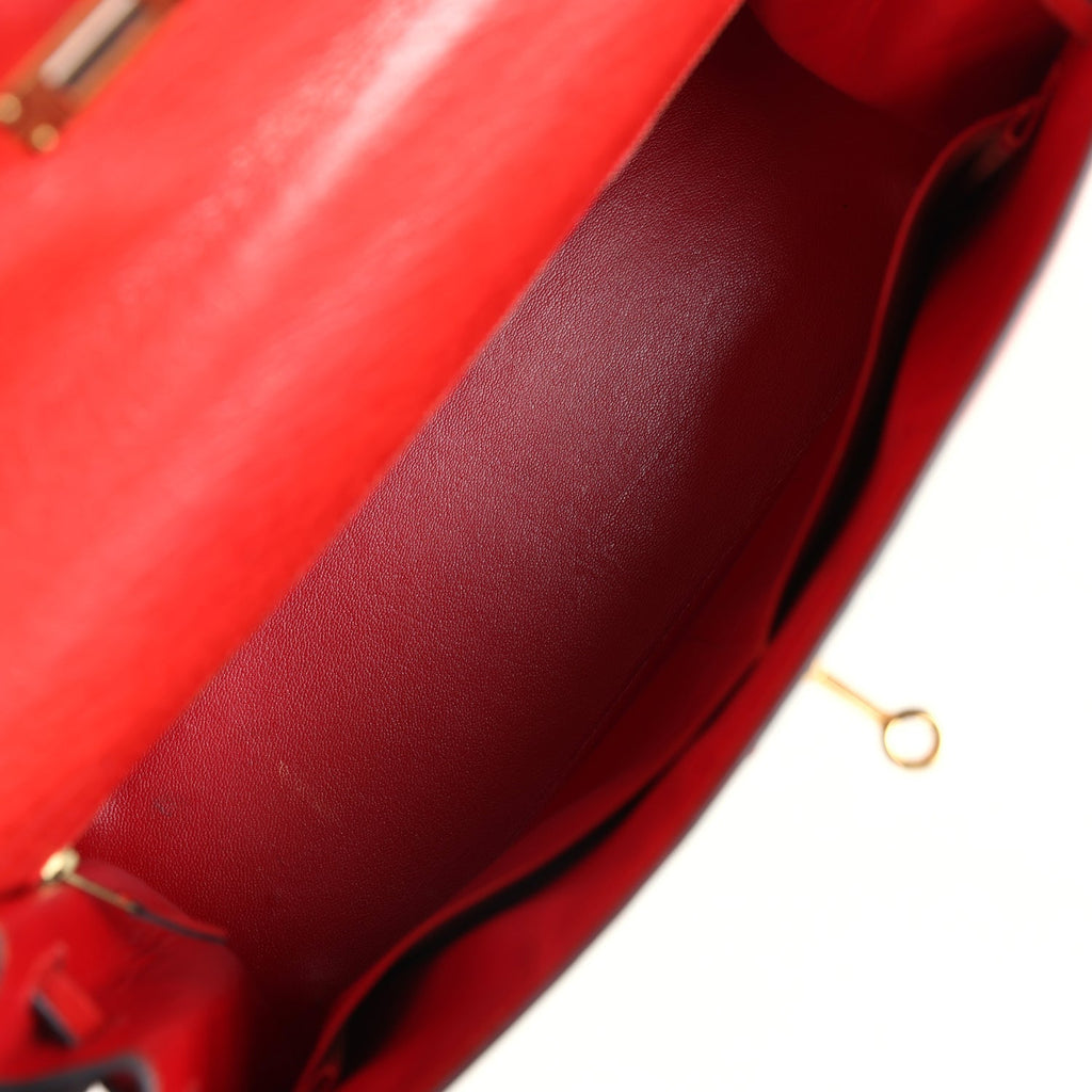 Hermes Kelly Sellier 32 Rouge Vif Ostrich and Vert Olive Officier Canvas Gold Hardware - Exclusu