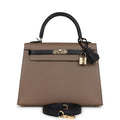 Hermes Special Order (HSS) Kelly Sellier 25 Black and Etoupe Chevre Mysore Permabrass Hardware - Exclusu