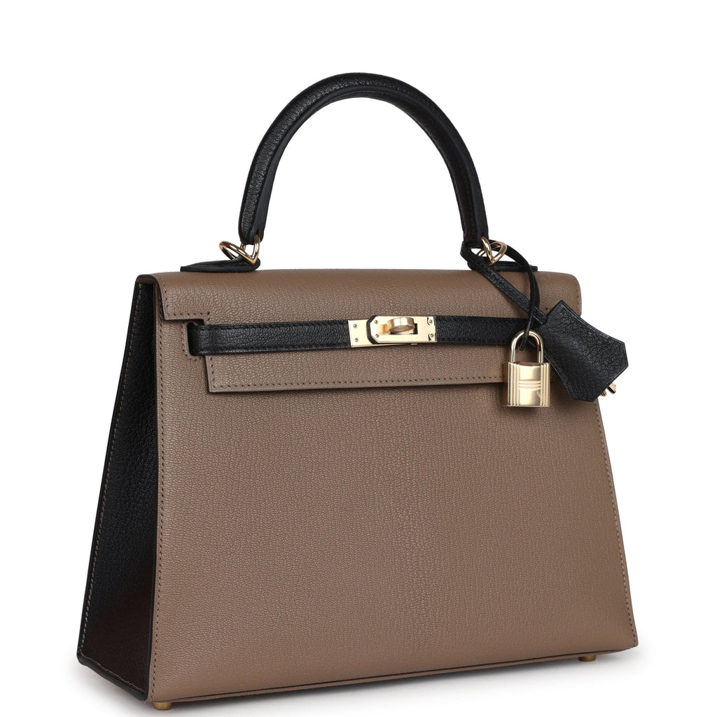 Hermes Special Order (HSS) Kelly Sellier 25 Black and Etoupe Chevre Mysore Permabrass Hardware - Exclusu