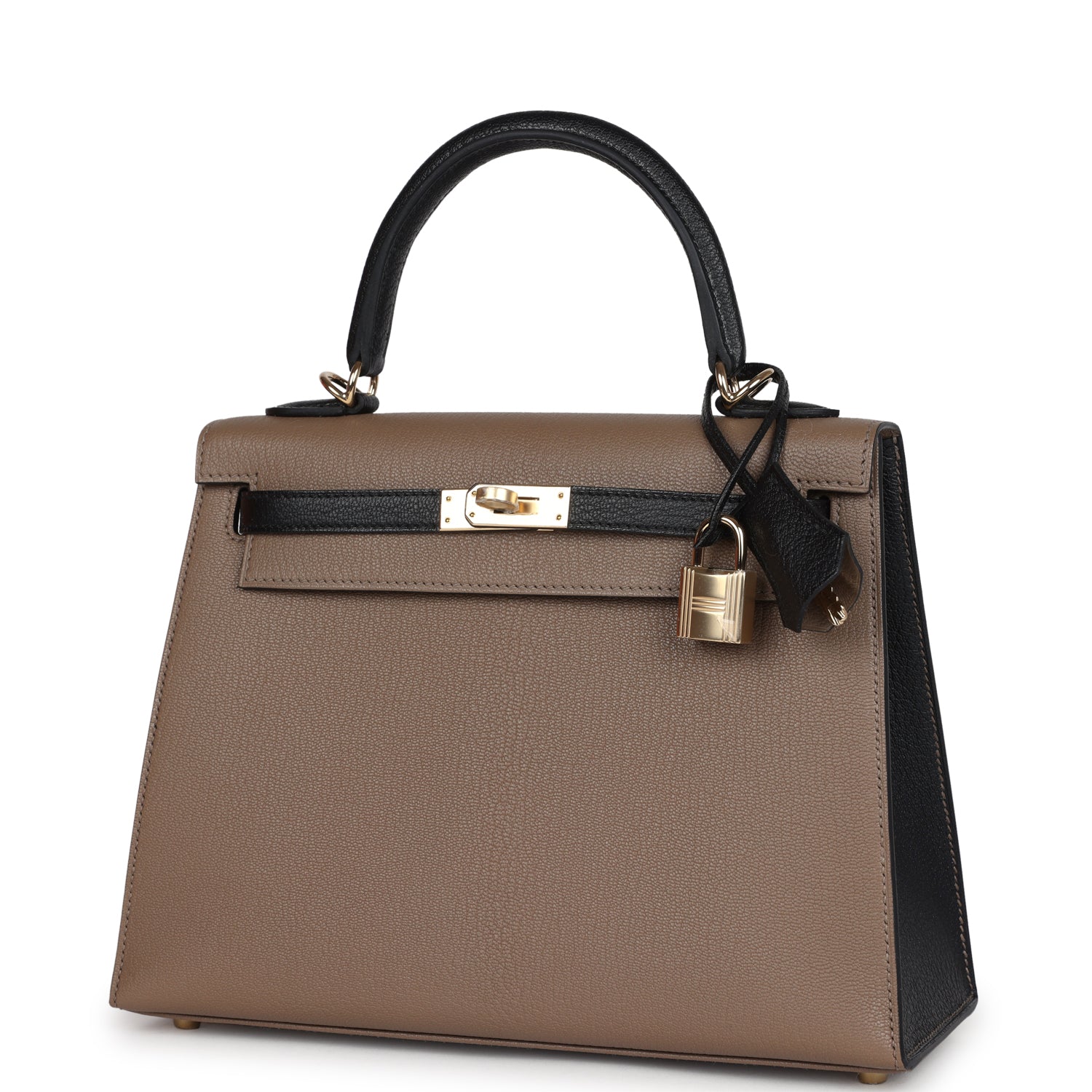 Hermes Special Order (HSS) Kelly Sellier 25 Black and Etoupe Chevre Mysore Permabrass Hardware - Exclusu