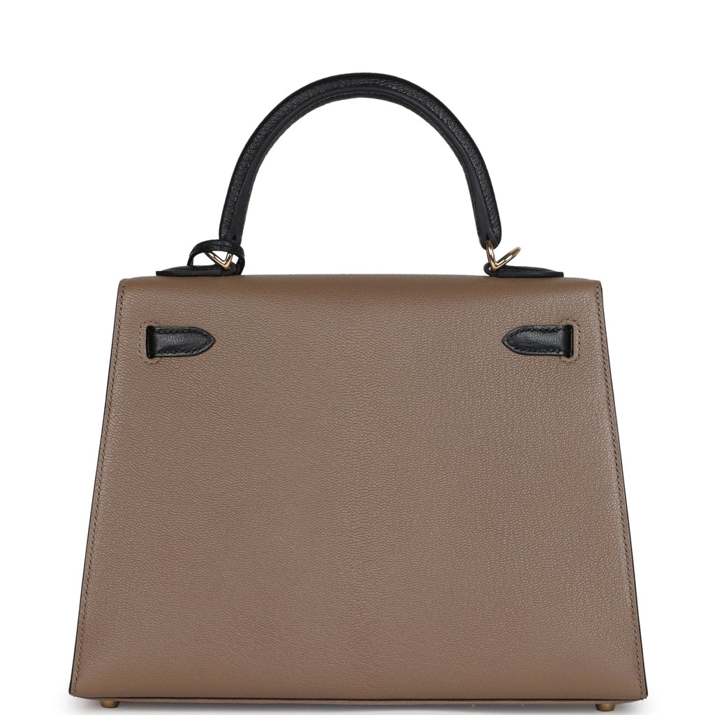 Hermes Special Order (HSS) Kelly Sellier 25 Black and Etoupe Chevre Mysore Permabrass Hardware - Exclusu