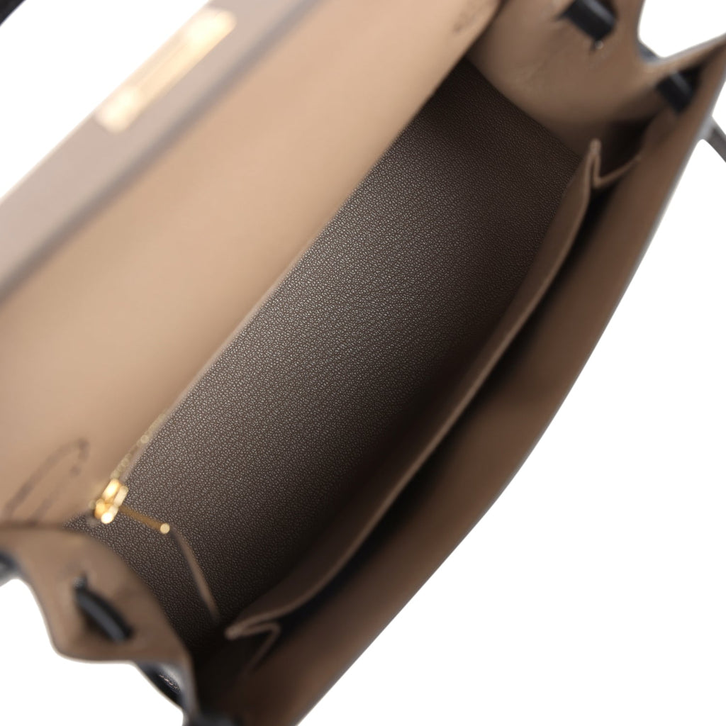 Hermes Special Order (HSS) Kelly Sellier 25 Black and Etoupe Chevre Mysore Permabrass Hardware - Exclusu