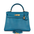 Hermes Kelly Retourne 28 Bleu Izmir Tadelakt Gold Hardware - Exclusu
