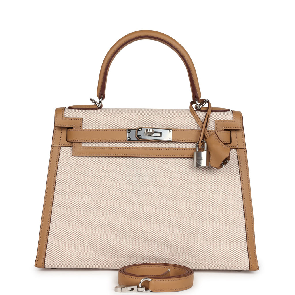 Hermes Kelly Sellier 28 Biscuit Toile H Canvas and Swift Palladium Hardware - Exclusu