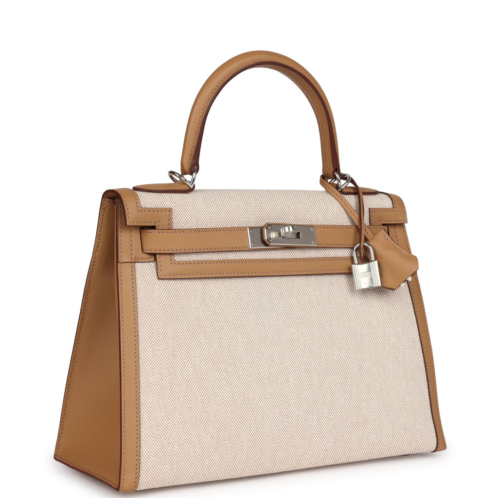 Hermes Kelly Sellier 28 Biscuit Toile H Canvas and Swift Palladium Hardware - Exclusu