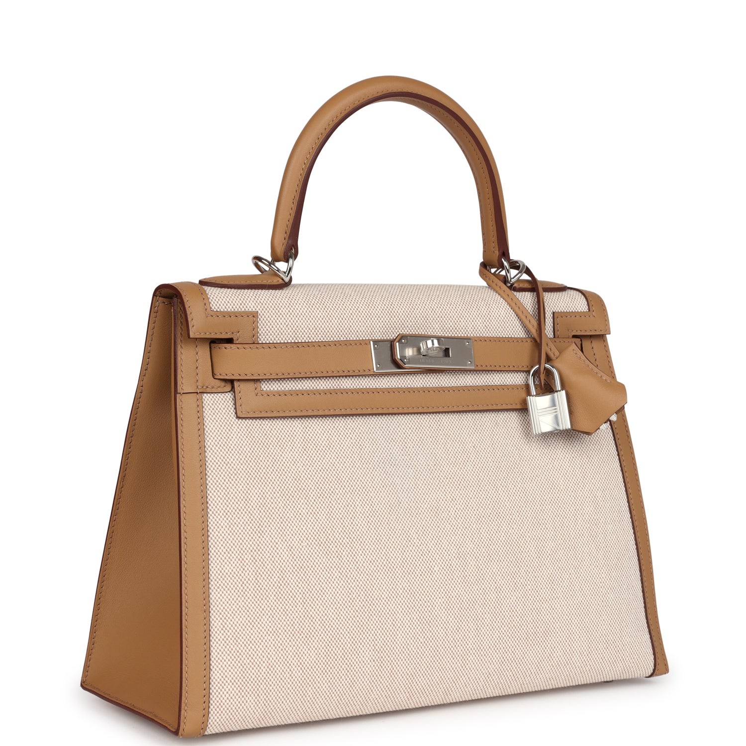 Hermes Kelly Sellier 28 Biscuit Toile H Canvas and Swift Palladium Hardware - Exclusu