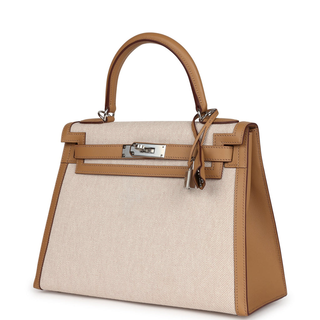 Hermes Kelly Sellier 28 Biscuit Toile H Canvas and Swift Palladium Hardware - Exclusu