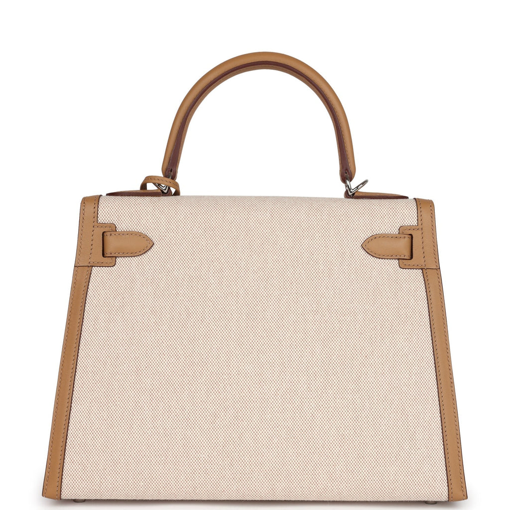 Hermes Kelly Sellier 28 Biscuit Toile H Canvas and Swift Palladium Hardware - Exclusu
