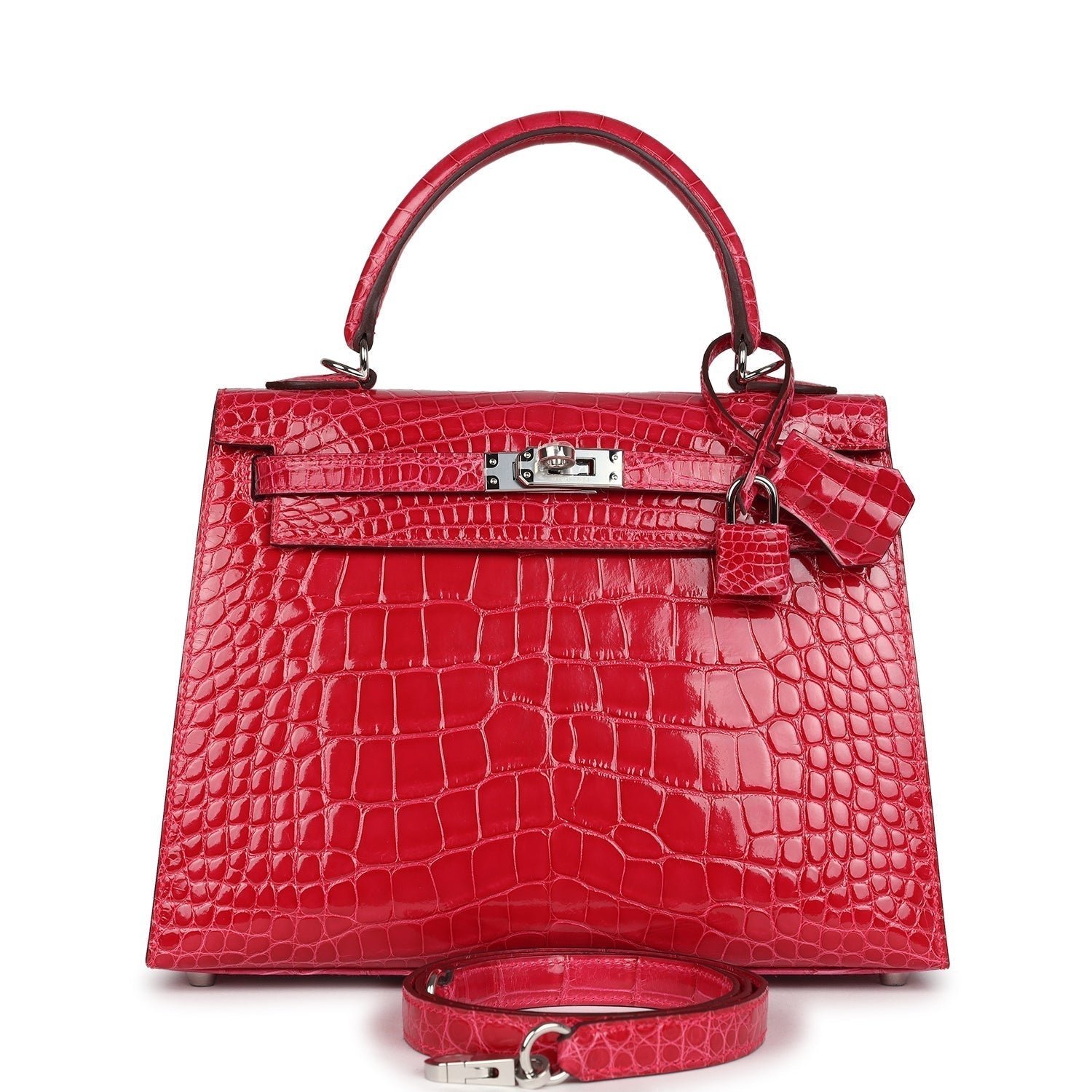 Hermes Kelly Sellier 25 Rose Extreme Shiny Alligator Palladium Hardware - Exclusu