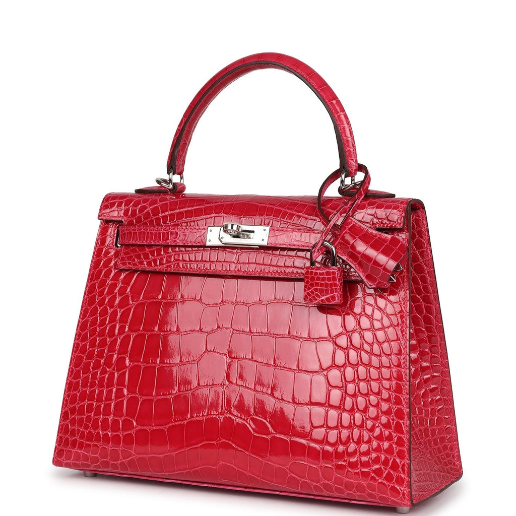 Hermes Kelly Sellier 25 Rose Extreme Shiny Alligator Palladium Hardware - Exclusu