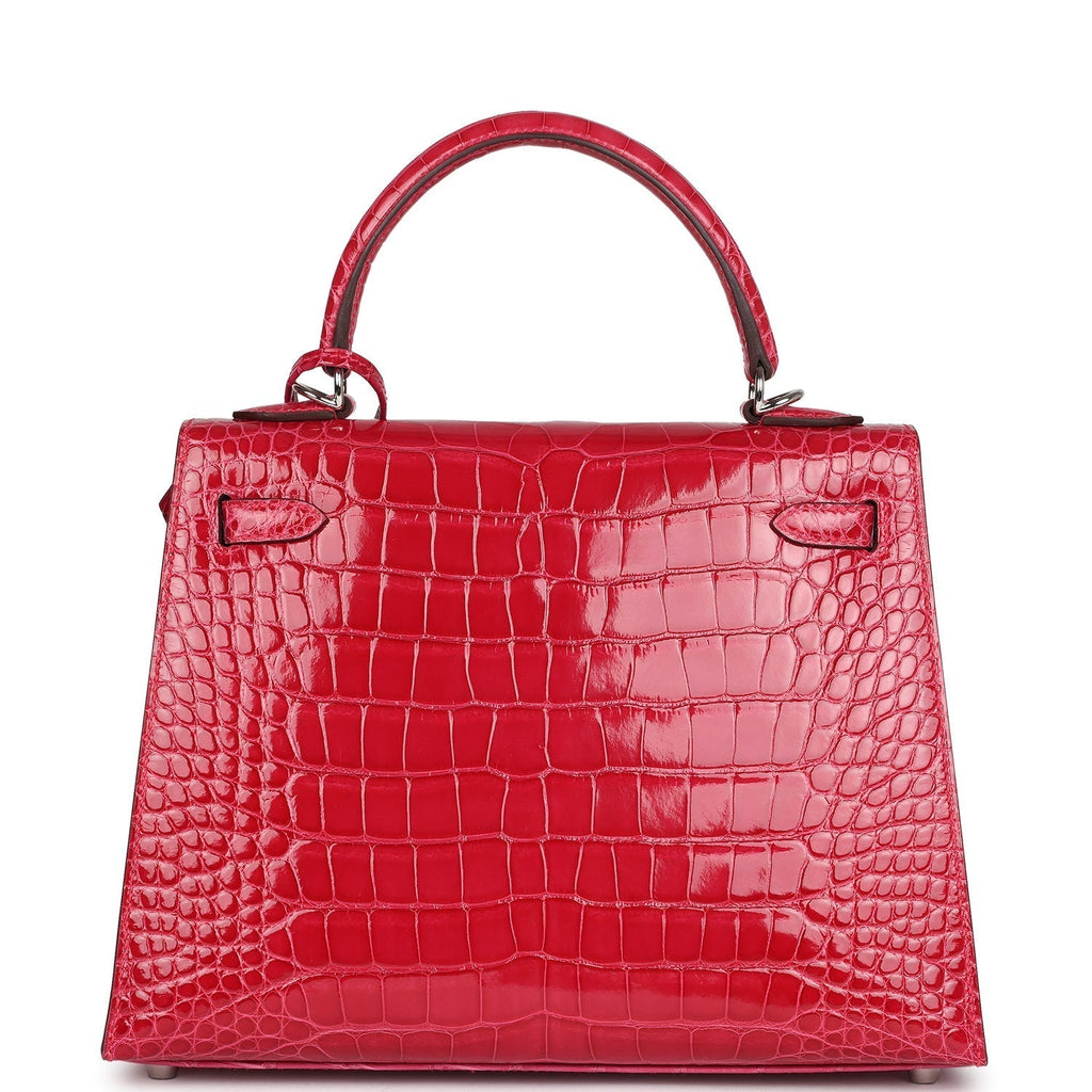 Hermes Kelly Sellier 25 Rose Extreme Shiny Alligator Palladium Hardware - Exclusu