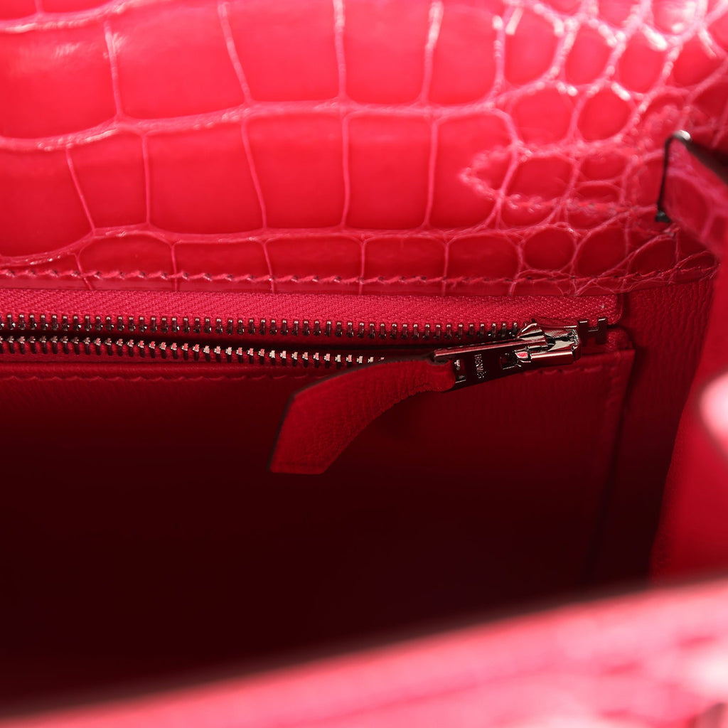 Hermes Kelly Sellier 25 Rose Extreme Shiny Alligator Palladium Hardware - Exclusu