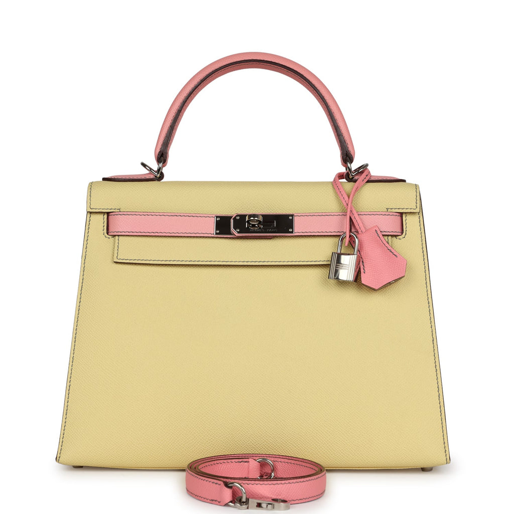 Hermes Special Order (HSS) Kelly Sellier 28 Rose Confetti and Jaune Poussin Epsom Palladium Hardware - Exclusu