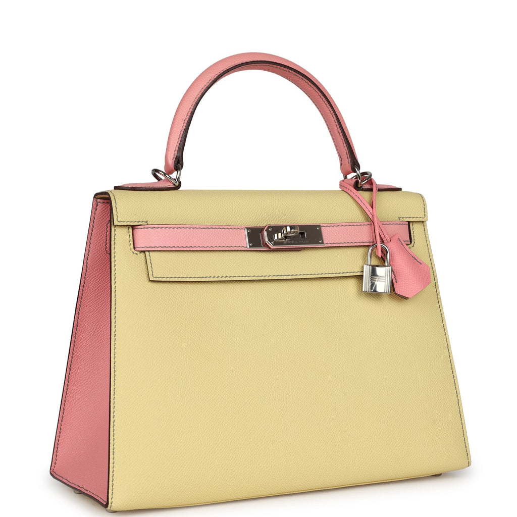Hermes Special Order (HSS) Kelly Sellier 28 Rose Confetti and Jaune Poussin Epsom Palladium Hardware - Exclusu