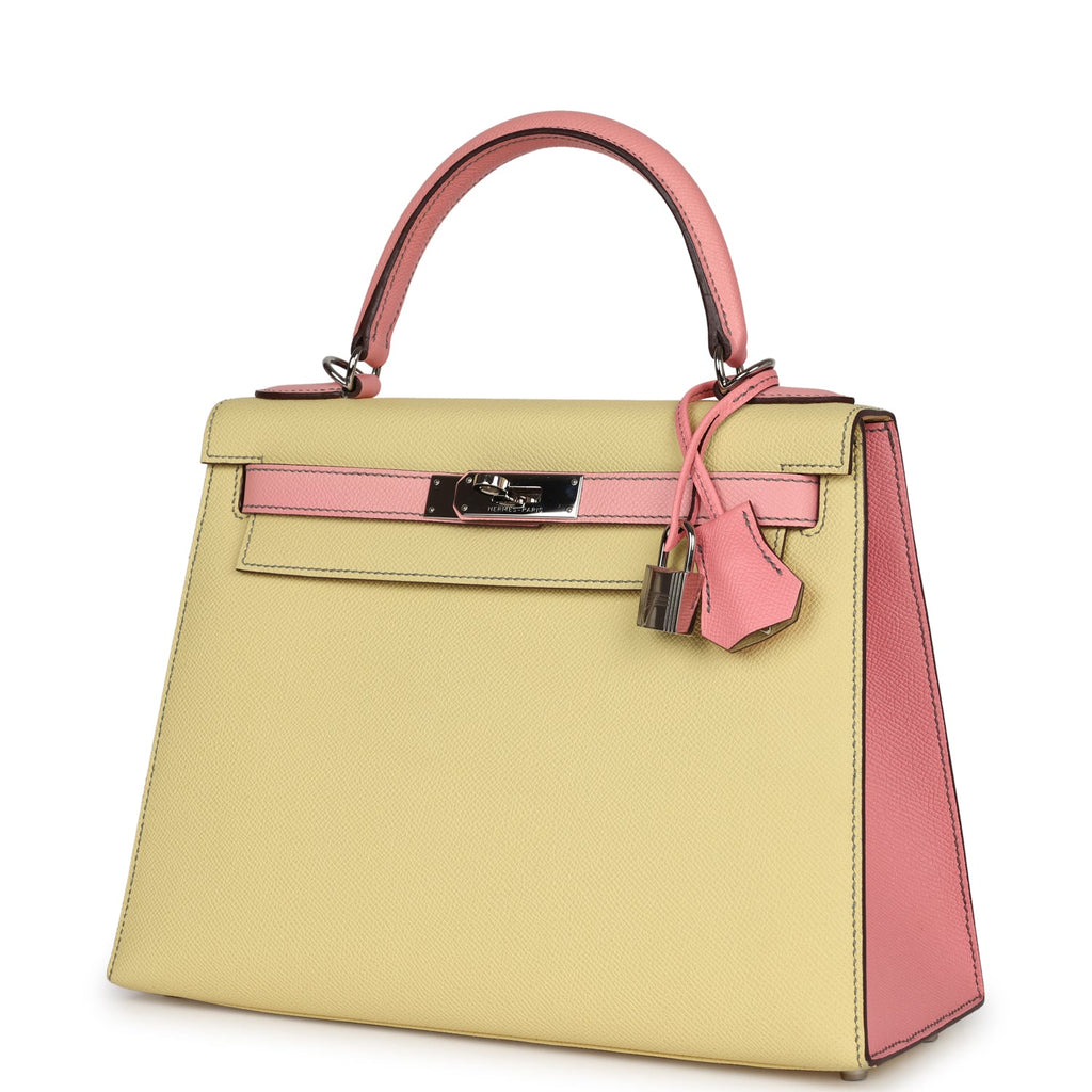 Hermes Special Order (HSS) Kelly Sellier 28 Rose Confetti and Jaune Poussin Epsom Palladium Hardware - Exclusu