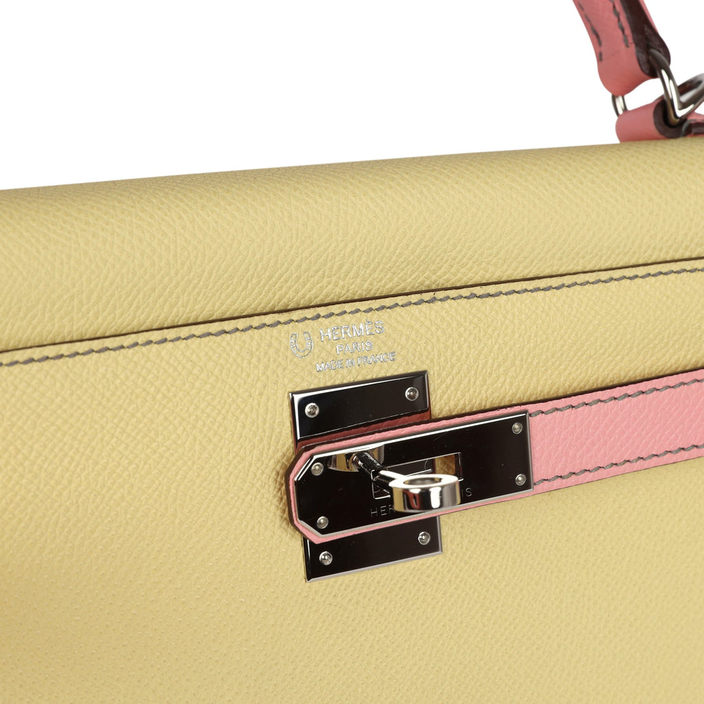 Hermes Special Order (HSS) Kelly Sellier 28 Rose Confetti and Jaune Poussin Epsom Palladium Hardware - Exclusu