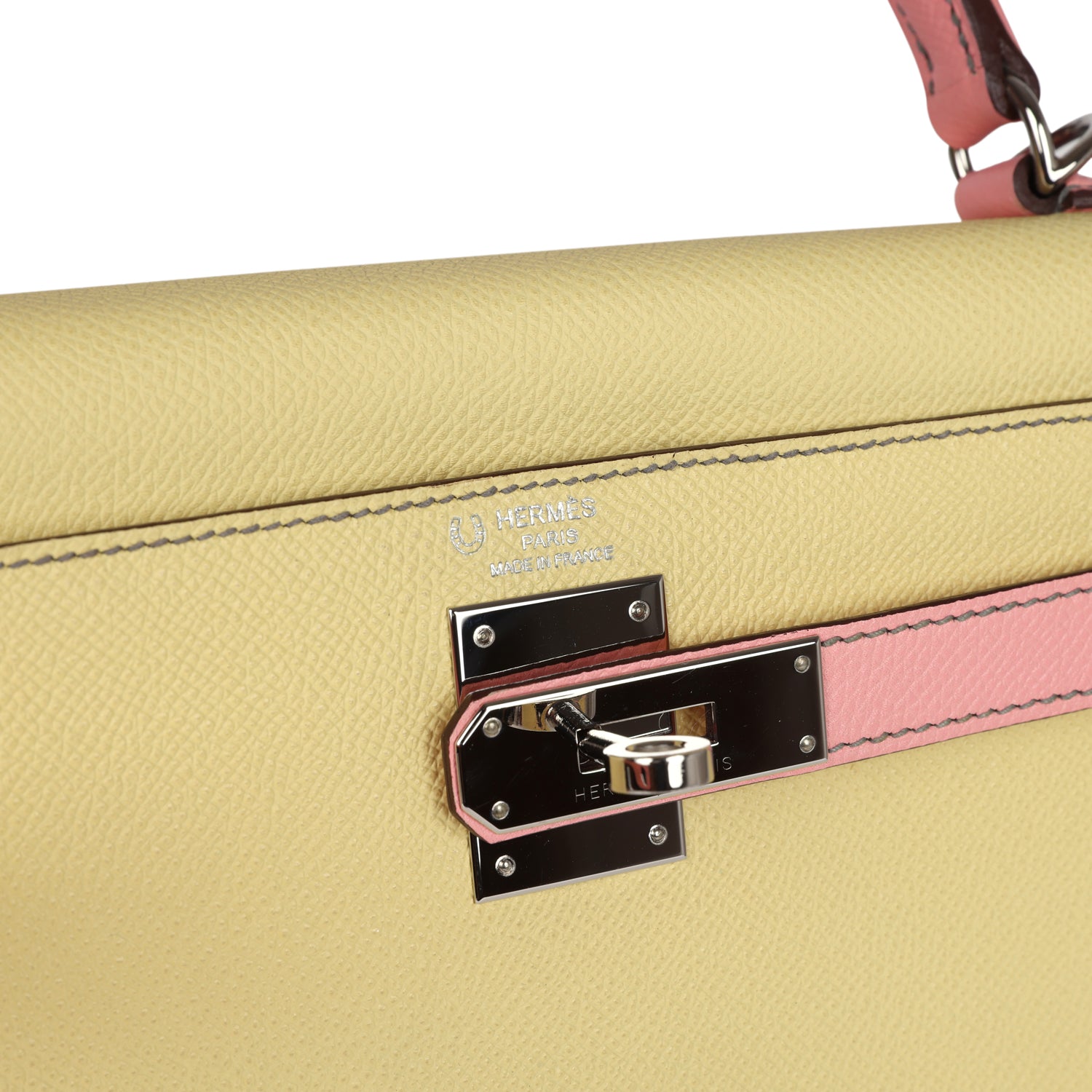 Hermes Special Order (HSS) Kelly Sellier 28 Rose Confetti and Jaune Poussin Epsom Palladium Hardware - Exclusu