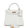Hermes Kelly Retourne 25 New White Swift Gold Hardware - Exclusu