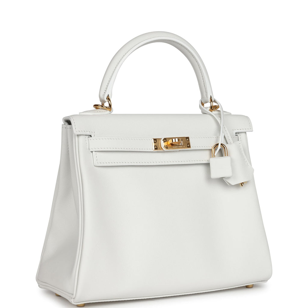 Hermes Kelly Retourne 25 New White Swift Gold Hardware - Exclusu