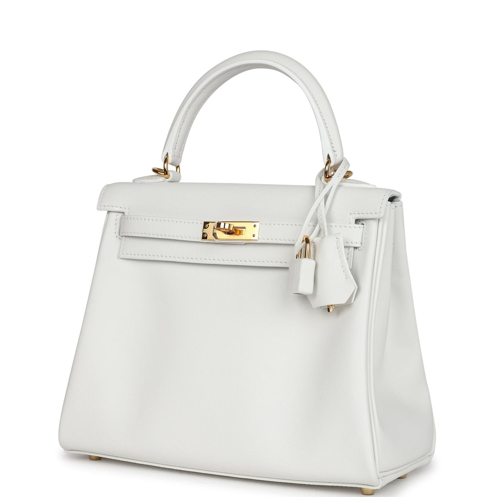 Hermes Kelly Retourne 25 New White Swift Gold Hardware - Exclusu