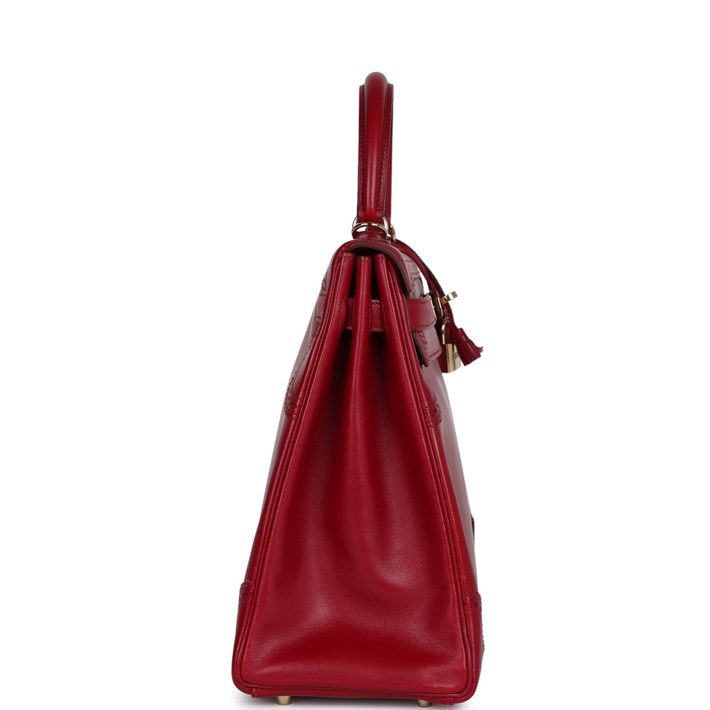 Hermes Ghillies Kelly Retourne 35 Rubis Tadelakt Permabrass Hardware - Exclusu
